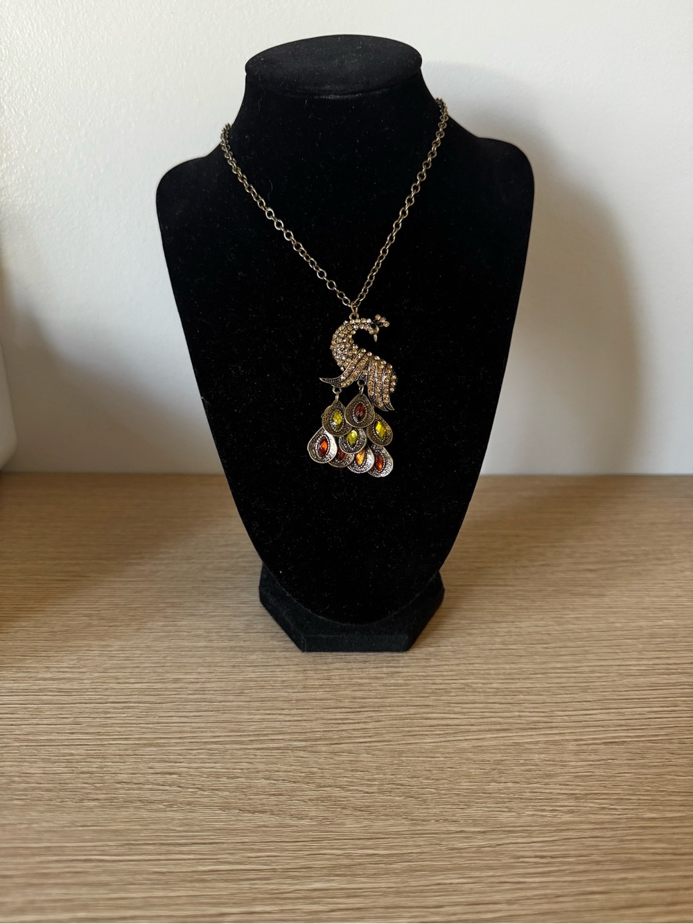 Gold Peacock Pendant Necklace with Multi-Colored Stones